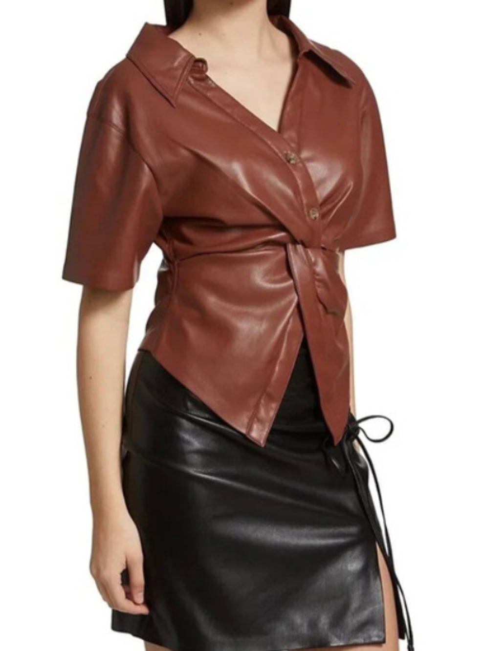 NANUSHKA Thora Twist Front Top Womens Small Brown Faux Leather Modern Designer